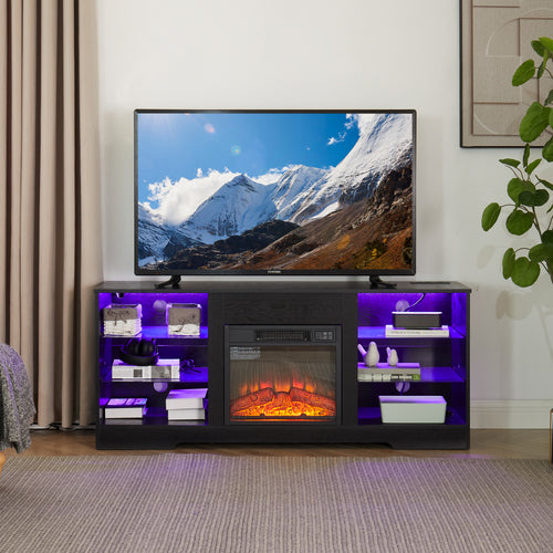 Electric Fireplace TV Stand with LED Lights and Glass Shelves, 58" Media Console with USB Charging, Black