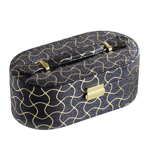 Travel Jewelry Case with 2 Semicircle Slots and Wavy Textured Pattern, 9.5" Leatherette, Black