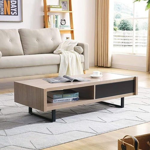 Mid-Century Modern Coffee Table with Cubby Storage, 47" Ash Wood and Metal Legs, Tan