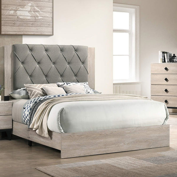 Contemporary California King Bed with Gray Tufted Headboard, Rubberwood Frame, Cream Finish