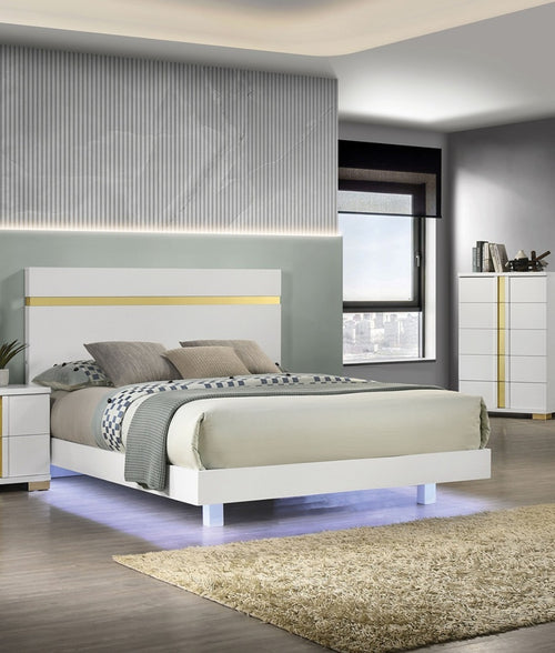 Modern Queen Bed with Under-Bed LED Lights and Acrylic Trim, Mattress-Ready Bed Frame, White
