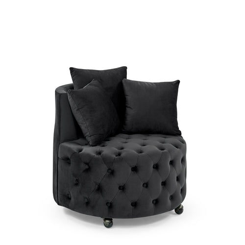 Velvet Swivel Accent Chair with Button Tufting and Wheels, Modern Chair with 3 Pillows, Black
