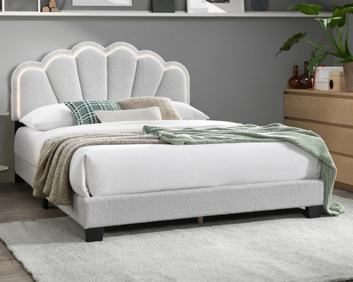 Queen Upholstered Platform Bed with Floral Headboard and Built-In LED, Wool Fabric, White