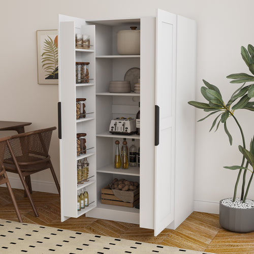 63" Kitchen Pantry Cabinet with Doors and Shelves, Freestanding Buffet Cupboard, White