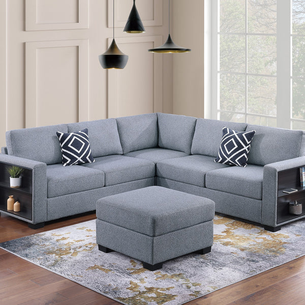 Gray Boucle 4-Piece L-Shaped Functional Sectional Sofa Set | Loveseat with Built-in Shelves, Wedge & Ottoman
