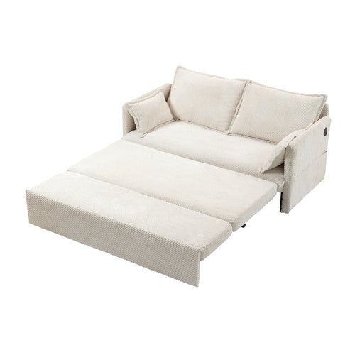 Pull-Out Sofa Bed with Side Storage and USB/Type-C Ports, 59.5" 2-Seat, White Corduroy