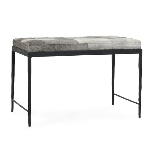 Hair-on-Hide Accent Bench with Hammered Iron Frame, 28" Sparrow Gray