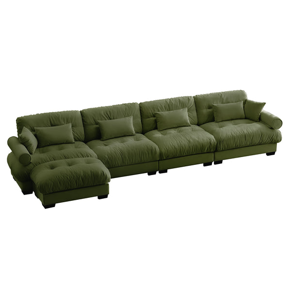 L-Shaped Cloud Sectional Sofa with Convertible Modules, 4-Seat Olive Green Velvet