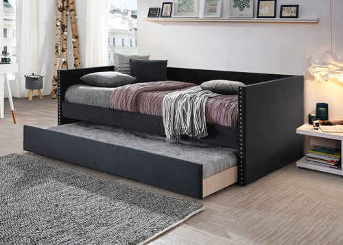 Tufted Daybed with Pull-Out Trundle and Nailhead Trim Armrests, Modern Wood Frame Daybed, Black
