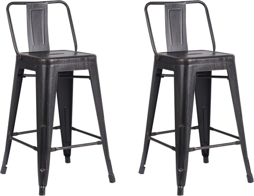Industrial Metal Bar Stools Set of 2 with Bucket Back, 24" Counter Height, Distressed Black