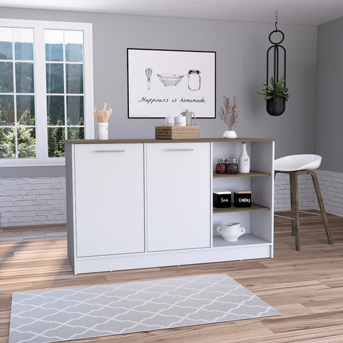 Kitchen Island with 2 Cabinets and 3 Open Shelves, 59" Countertop, White and Dark Brown