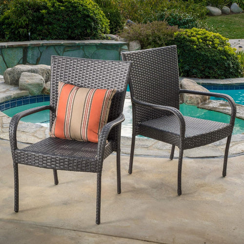 Wicker Stacking Patio Chair with Iron Frame, Outdoor Dining Chair, Grey