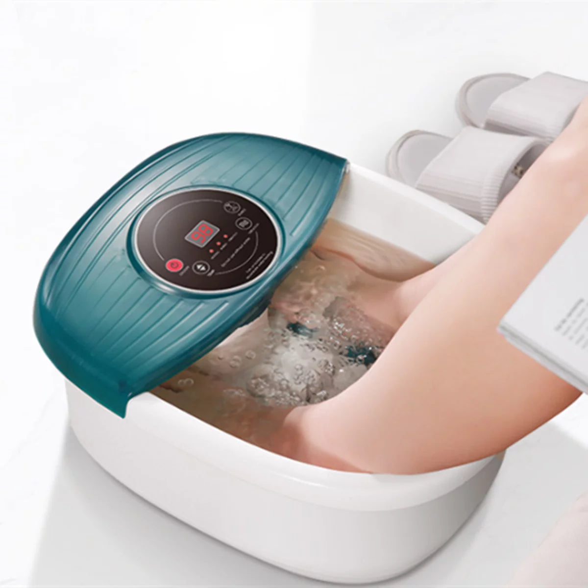 足部水療浴缸按摩器,帶無線遙控器和 8 個自動指壓按摩滾輪,加熱溫度控制,氣泡和振動,適合家庭和辦公室使用