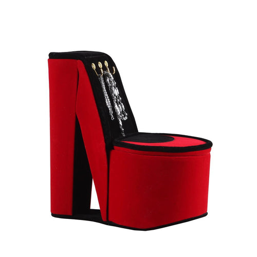 High Heel Shoe Jewelry Box with 3 Display Hooks and Ring Storage, 9" Tall, Red