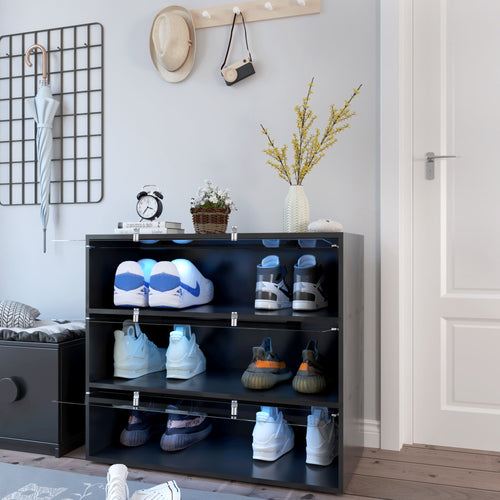Shoe Storage Cabinet with Sliding Glass Doors and RGB LED Lights, Stackable Sneaker Display Case, Black
