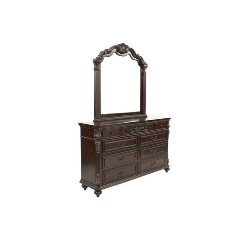 9-Drawer Dresser with Mirror, Carved Floral Accents and Bun Feet, Antique Cherry and Walnut