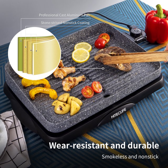Electric Grill Indoor 1500W Korean BBQ Barbecue Granite Stone Nonstick Detachable Flat Tabletop Smart 5-Heat Plate PFOA-Free Family Size Compact 14 Inch Gray