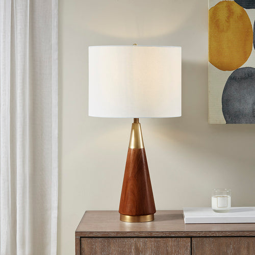 Triangular Table Lamp with Gold Accents, Mid-Century Rubber Wood, 26" Espresso