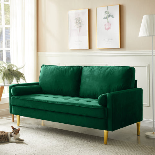 Velvet Loveseat Sofa with Metal Legs and Cushions, 65" Minimalist Couch for Living Room, Green