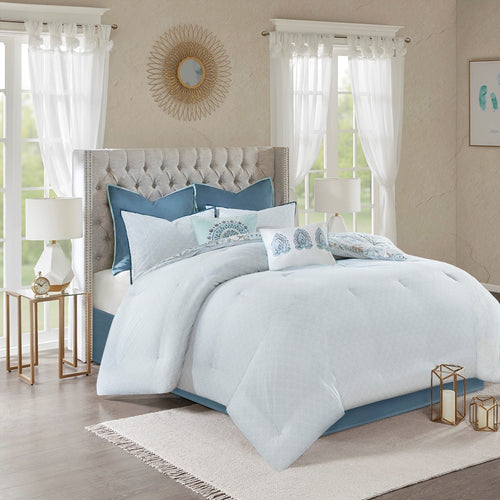 Reversible Cotton Comforter Set with Floral Medallion Print, King, 8-Piece Blue