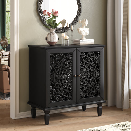 Vintage Accent Cabinet with Carved Floral Doors and Solid Wood Legs, 31.5" Storage Cabinet, Black