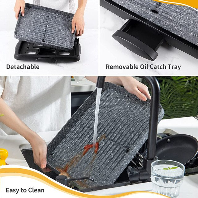 Electric Grill Indoor 1500W Korean BBQ Barbecue Granite Stone Nonstick Detachable Flat Tabletop Smart 5-Heat Plate PFOA-Free Family Size Compact 14 Inch Gray