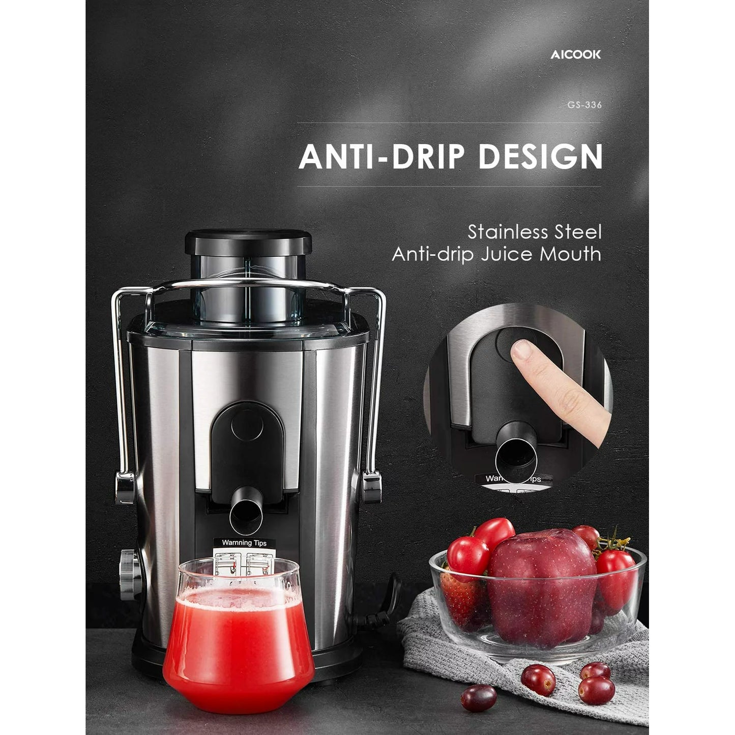 榨汁機廣口榨汁機,Aicook 榨汁機不含 BPA 緊湊型水果和蔬菜榨汁機,具有不滴水功能的雙速離心榨汁機,易於清潔的不銹鋼榨汁機