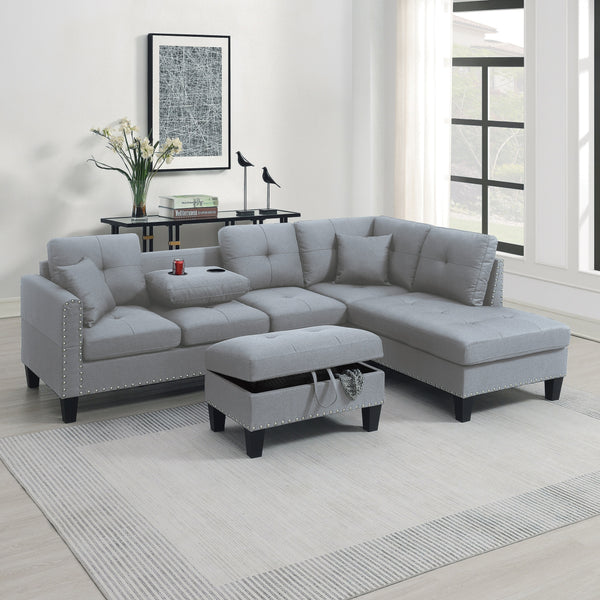 Taupe Grey Linen-Like Fabric 3-Piece Sectional Sofa Set | LAF Sofa, RAF Chaise & Storage Ottoman with Cup Holder