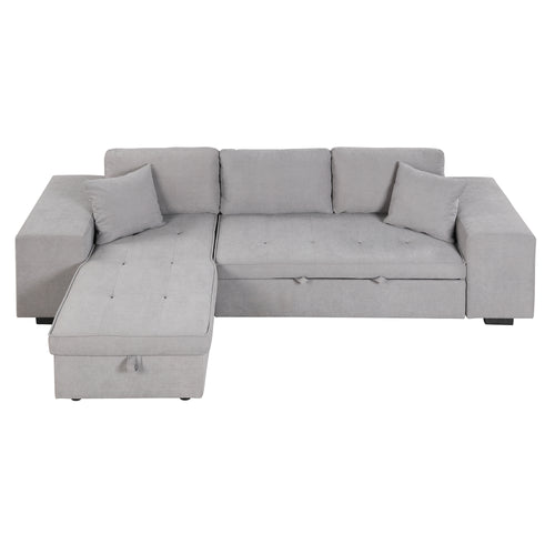 L-Shaped Sleeper Sofa with Storage Chaise and 2 Stools, 104.5" Reversible, Gray Linen