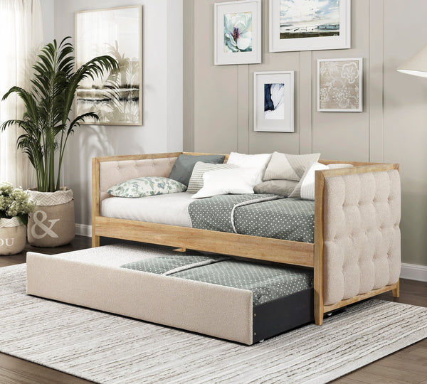 Twin Daybed with Pull-Out Trundle, Tufted Modern Upholstered Daybed, Beige Boucle