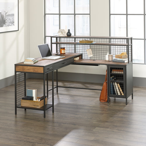 Industrial L-Shaped Desk with 2 Drawers and Shelves, 61" Corner Desk, Brown