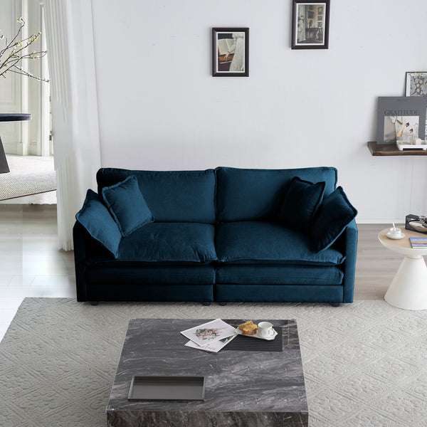 Modular Sectional Sofa Set with Loveseat and 4 Pillows, 5-Seat 4-Piece Chenille, Blue and White