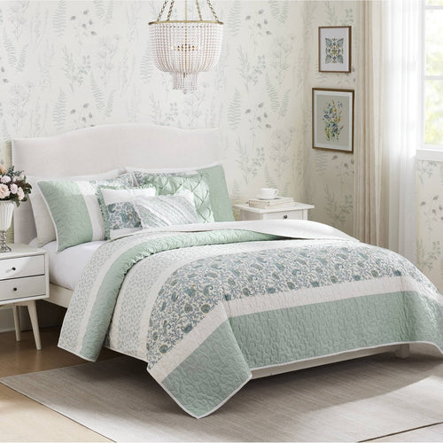 Reversible Quilt Set with 2 Shams and 3 Decorative Pillows, Full/Queen, 6-Piece Aqua