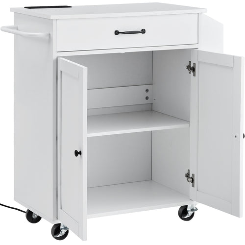 Rolling Kitchen Island Cart with Power Strip Charging Station and Storage Cabinet, White