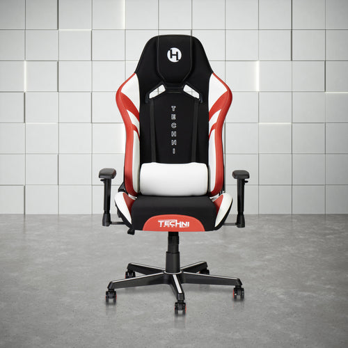 Gaming Chair with Built-In Headrest and Lumbar Pillow, Adjustable Height, Black with Red and White
