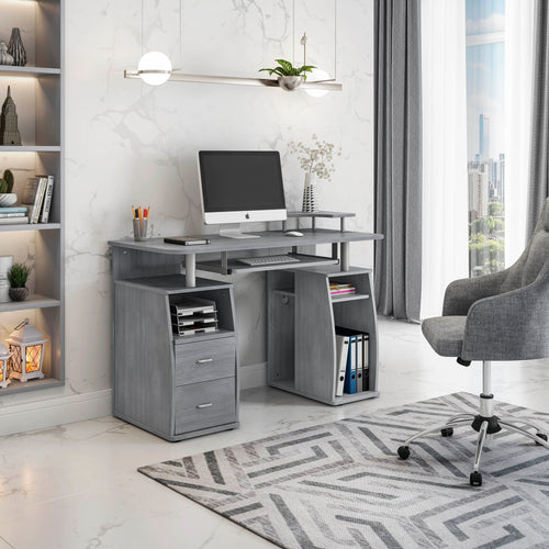 Computer Workstation Desk with Keyboard Tray, 2 Drawers and CPU Compartment, Grey