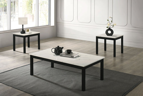 Coffee Table and End Table Set, 3-Piece Living Room Tables with Faux Marble Tops, White