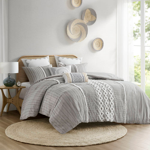Cotton Comforter Set with Tufted Chenille and Aztec Print, 3-Piece, King/Cal King, Gray