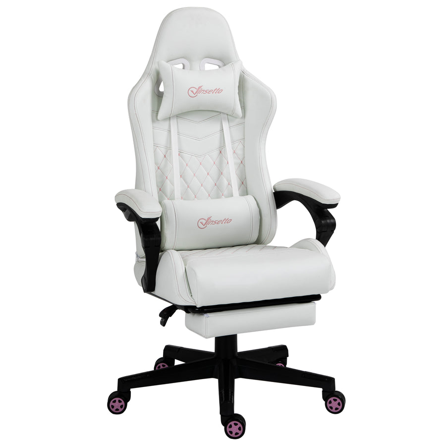 1PC Vinsetto High Back PU Leather Gaming Chair - Retractable Footrest + Headrest + Lumbar Support + Armrest (White & Pink)
