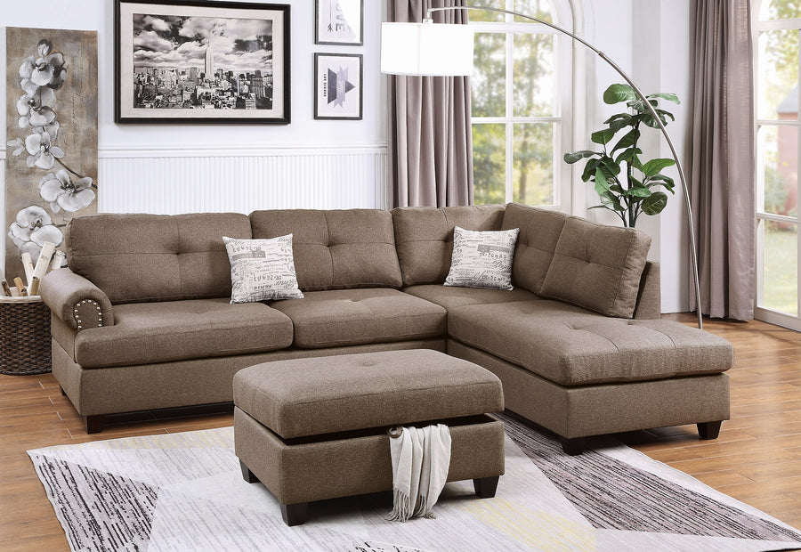 Contemporary 3-Piece Sectional Sofa – Mocha Dorris Fabric with Chaise, Ottoman & Reversible Cushions