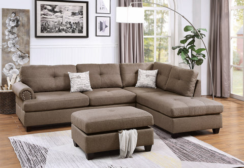 Contemporary 3-Piece Sectional Sofa – Mocha Dorris Fabric with Chaise, Ottoman & Reversible Cushions