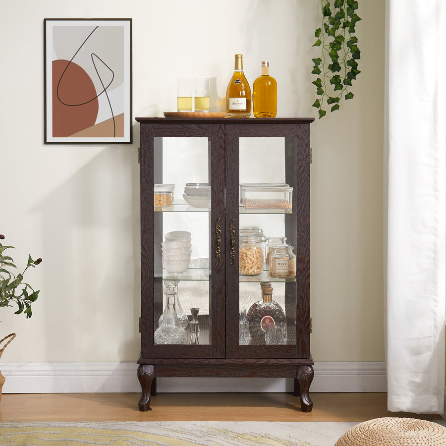 Lighted Curio Cabinet with Tempered Glass Doors and Mirrored Back, Cherry, view 2