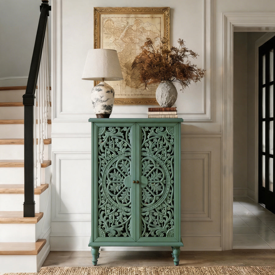 Farmhouse Accent Cabinet with Carved Hollow Doors and Turned Legs, Antique Green, view 4