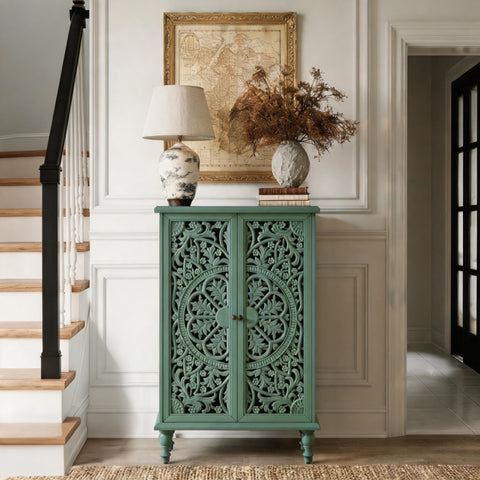 Farmhouse Accent Cabinet with Carved Hollow Doors and Turned Legs, Antique Green, view 4