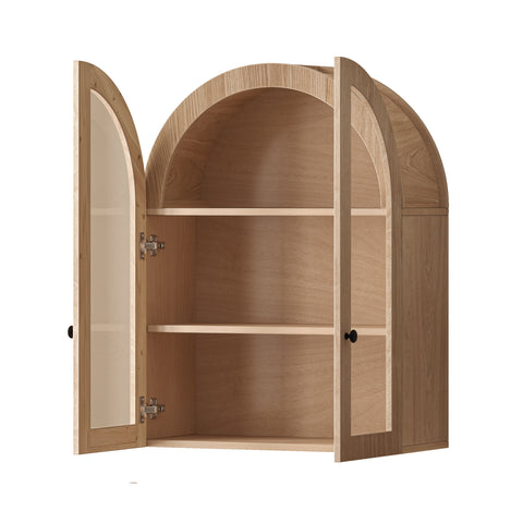 Arched Wall Cabinet with Tempered Glass Doors, Light Brown, view 11