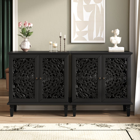 Vintage Accent Cabinet with Carved Floral Doors and Solid Wood Legs, Black, view 4