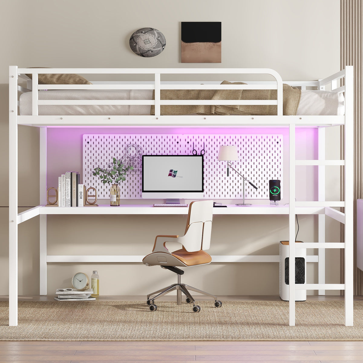 Queen Metal Loft Bed with Power Outlet & LED Lighting — Space‑Saving, Quiet, White
