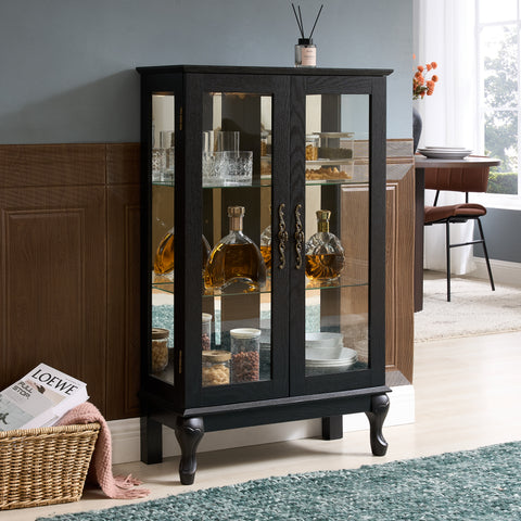 Lighted Curio Cabinet with Tempered Glass Doors and Mirrored Back, Black, view 2