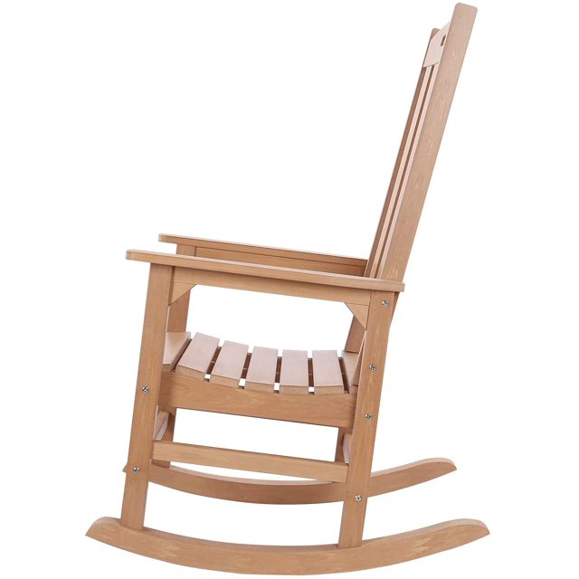 QOMOTOP Rocking Chair with 350lbs Weight Capacity,Poly Lumber Porch Rocker,Teak,Brown