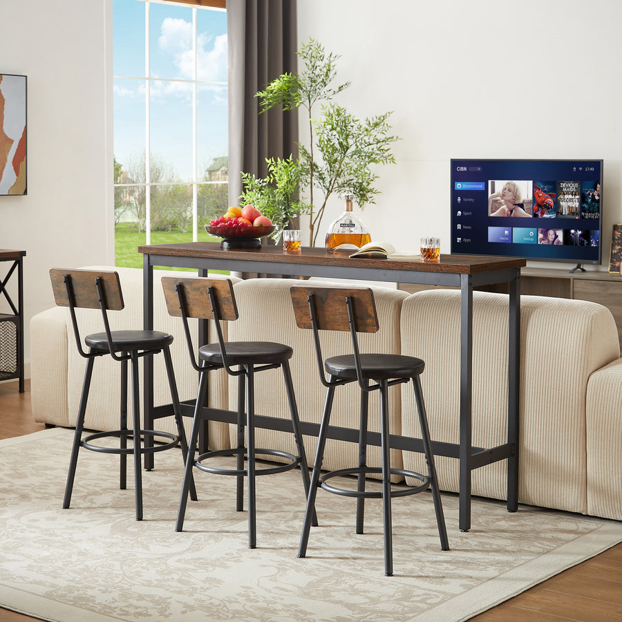 63″ Industrial Bar Table Set - 3 PU Upholstered Bar Stools Rustic Brown & Black